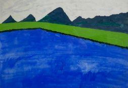 A contemporary abstract acrylic painting on paper titled 'Mountain & Lake - Evening Calm' by Tom