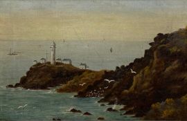 A 19th century oil on canvas, lighthouse and cottages on a rocky outcrop in a gilt frame. H.30 W.