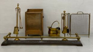 A mixed collection of 19th century and later fireside items to include a pine coal scuttle with a