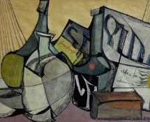 A mid-century Cubist style watercolour, abstract still life, signed and dated 1962 to the lower