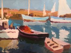 Donald McIntyre (1923-2009), a 20th century Impressionist style oil on board titled 'Boats in