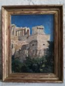 A 20th century oil on board by S. Powell, view of the Propylaea in the Acropolis of Athens in a gilt