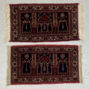 Two small Taimani Baluch style prayer rugs each having a central Mihrab motif flanked by two other