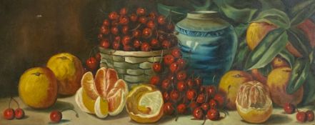 A 20th century oil on canvas, still life fruit with a Chinese blue and white ginger jar in the