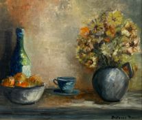 A 20th century oil on board, still life flowers, fruit and a wine bottle, signed DeFeort Marcel to