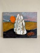 A contemporary acrylic painting on canvas titled 'Aros Biro', unframed with an inscription to the