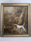 A 20th century English School oil on board, English pointer hunting game in a woodland setting,