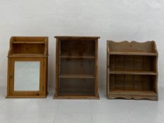 Three items to include a C.1900 pine wall hanging open bookshelf, a glazed floor standing or