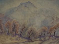 A 19th century watercolour depicting trees in a mountainous landscape, signed to the lower left in a