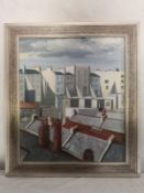 A 20th century framed oil on board, view of rooftops with buildings in the background, signed Powell