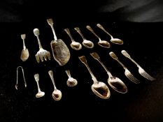 A mixed collection of silver cutlery to include a London 1814 Georgian fish slice by William &