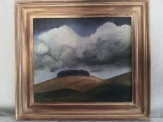 A 20th century oil on board, moody skies over a hilly landscape, signed Powell to the lower right in