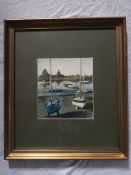 A contemporary oil painting of sailing boats in a shipyard, framed and glazed. 55x48cm