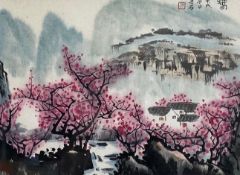 A contemporary Chinese watercolour depicting cherry blossoms with a village and mountains in the
