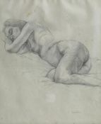 A contemporary pencil drawing by Peter Radmall, study of a reclining nude, signed to the lower right