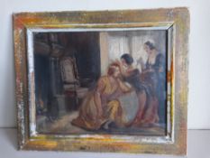 A genre style oil painting on card depicting three figures beside a fire in an 18th century interior