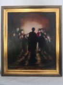 A framed 20th century oil on board depicting figures congregating before a bright light. 50x43cm