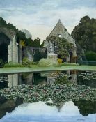 A mid 20th century watercolour depicting a pond with waterlilies and a church ruin in the background