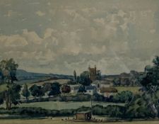 A 20th century English School watercolour depicting chickens in and expansive country landscape with