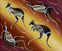 A contemporary figural Australian Aboriginal School oil on canvas depicting kangaroos and lizards by