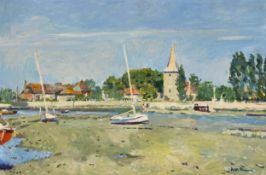 Faith Sheppard (b.1920), a 20th century oil on board, sailing boats on an estuary with a village
