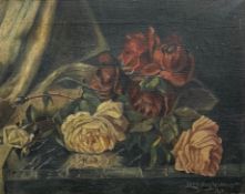 A 20th century oil on canvas, still life cut roses, signed Harold Yates to the lower right in a gilt
