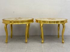 A near pair of vintage Venetian style giltwood side tables each having a painted oval top with a