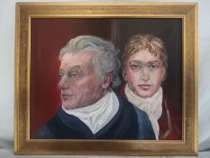 A contemporary oil on canvas, portrait of two figures in a gilt frame. 59x49cm