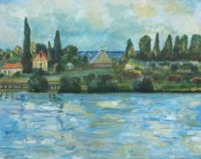 A contemporary oil on canvas laid board by Michael Atwood after the original titled 'The Seine at