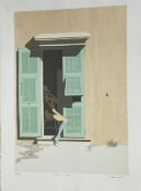 A contemporary limited edition silk-screen print titled 'Girl in the Door' by Andras Kalow, signed