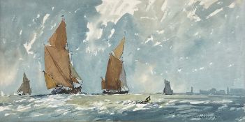 Edward Wesson (1910-1983), a pen, ink and watercolour painting depicting Thames barges racing on the