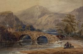 A 19th century watercolour depicting a seated figure and cattle by a bridge in a mountainous
