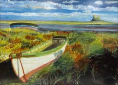 A contemporary oil on board by Michael Atwood, boats in a marshy landscape with a castle ruin in the
