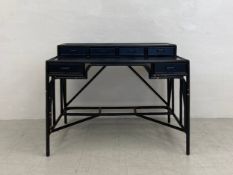 A vintage black lacquered bamboo desk having a superstructure of four short drawers on a rectangular