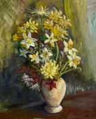 A 20th century oil on board, still life vase and flowers, signed to the lower right in a painted