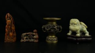 A mixed collection of Oriental items to include a Chinese bronze twin handled vase having an everted