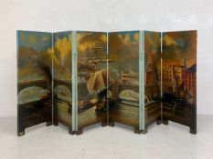 A C.1900 folding screen comprised of six stretched canvas panels hand painted with scenes of a