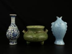 Three Chinese ceramics to include a 20th century blue and white vase with an apocryphal Kangxi