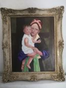 A contemporary oil on board by S. Powell, portrait of a mother and child, signed to the lower