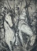 A contemporary etching depicting knights on horseback, signed with the artist's monogram to the