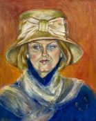A large acrylic painting on canvas, portrait of a lady in a dress hat, signed to the lower left in a