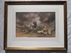 A 19th century watercolour depicting figures with a donkey and dog in a rural landscape, framed