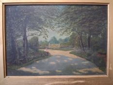 A 20th century English School oil on board depicting a seated figure on a country lane, signed to
