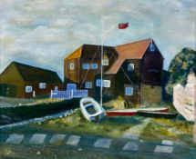 A contemporary oil on canvas laid board by Michael Atwood, country house with sailing boats,