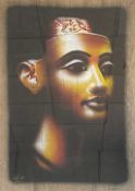 A large contemporary papyrus painting of the Ancient Egyptian Queen Nefertiti, signed to the lower