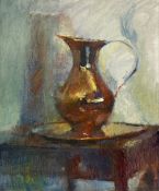 A 20th century oil on board, still life tray and jug in a gilt moulded frame. H.68.5 W.58cm