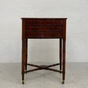 A Regency mahogany sewing table having an inlaid and crossbanded top over two cockbeaded and