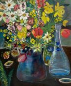 A contemporary oil on board, still life flowers and vases, signed to the lower right in a gilt