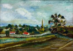 A contemporary oil on board by Michael Atwood, village and church spire in a country landscape,