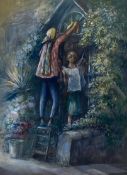 A 20th century watercolour depicting two figures in a doorway, signed Stephanie Davies to the